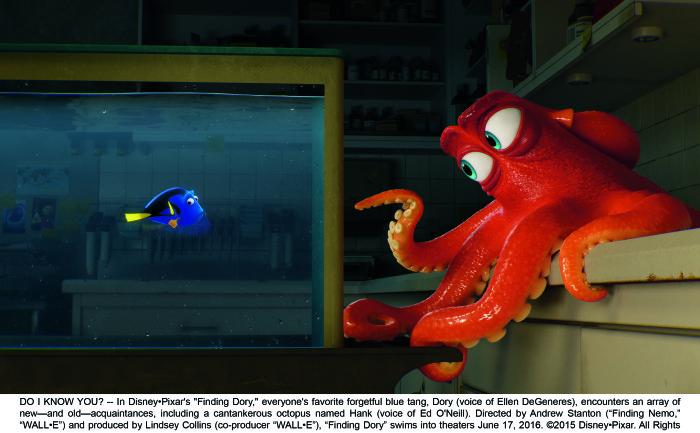 DO I KNOW YOU? -- In Disney?Pixar's "Finding Dory," everyone's favorite forgetful blue tang, Dory (voice of Ellen DeGeneres), encounters an array of new?and old?acquaintances, including a cantankerous octopus named Hank (voice of Ed O'Neill). Directed by Andrew Stanton (?Finding Nemo,? ?WALL?E?) and produced by Lindsey Collins (co-producer ?WALL?E?), ?Finding Dory? swims into theaters June 17, 2016..