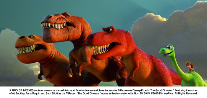 A TRIO OF T-REXES An Apatosaurus named Arlo must face his fears and three impressive T-Rexes in Disney-Pixar's "The Good Dinosaur" Featuring the voices of AJ Buckley, Anna Paquin and Sam Elliott as the T-Rexes, "The Good Dinosaur" opens in theaters nationwide Nov. 25, 2015. 2015 Disney-Pixar. All Rights Reserved.