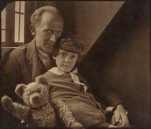 A.A. Milne with Christopher Robin and Winnie the Pooh by Howard Coster in 1926 from the National Portrait Gallery