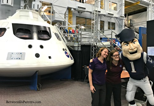 Pat Patriot with Orion at NASA's Johnson Space Center for the Space Bowl in advance of the Super Bowl