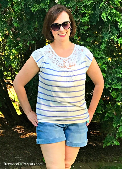 Summer Stitch Fix Outfit with Dear John jean shorts and Skies are Blue lace yoke top