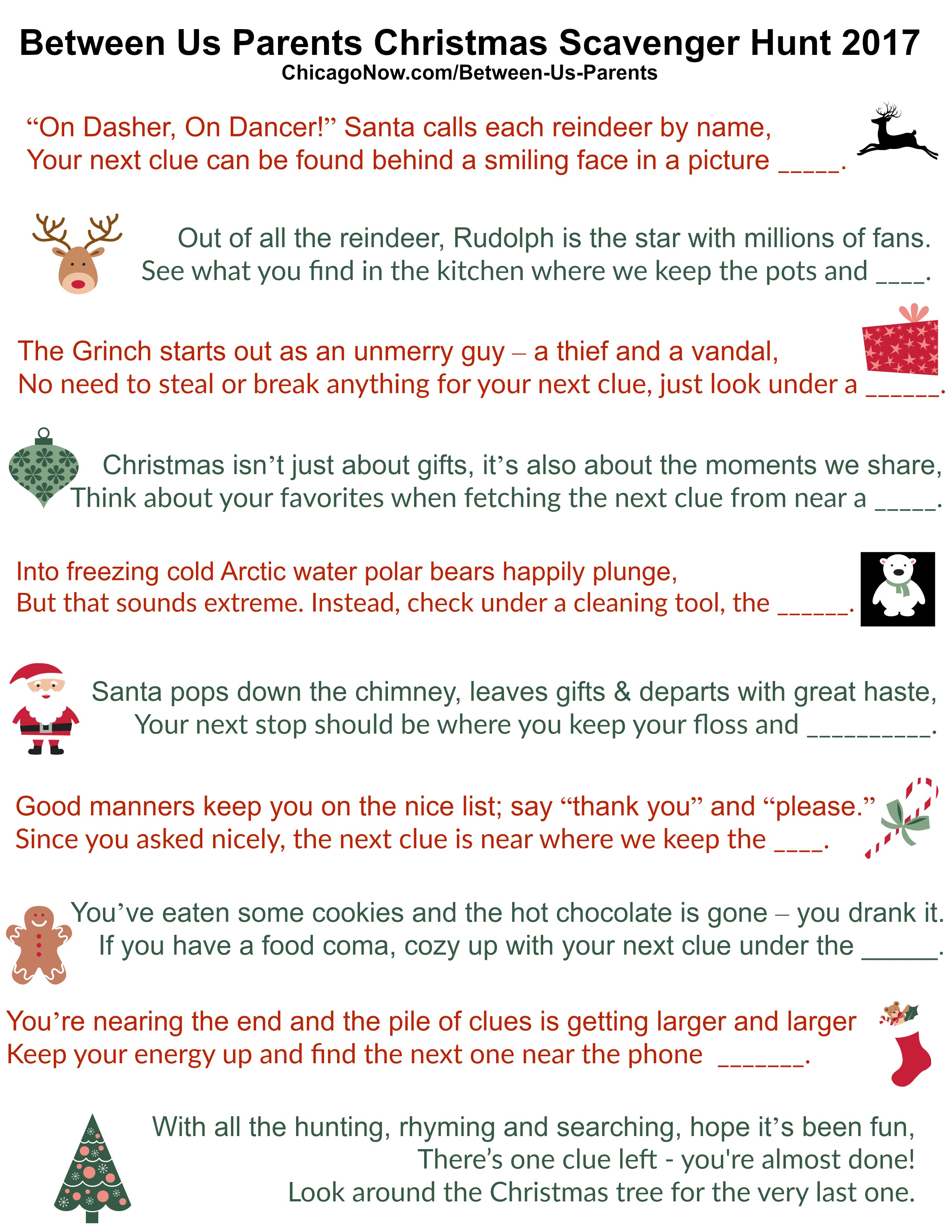 70 Printable Christmas scavenger hunt clues Between Us Parents