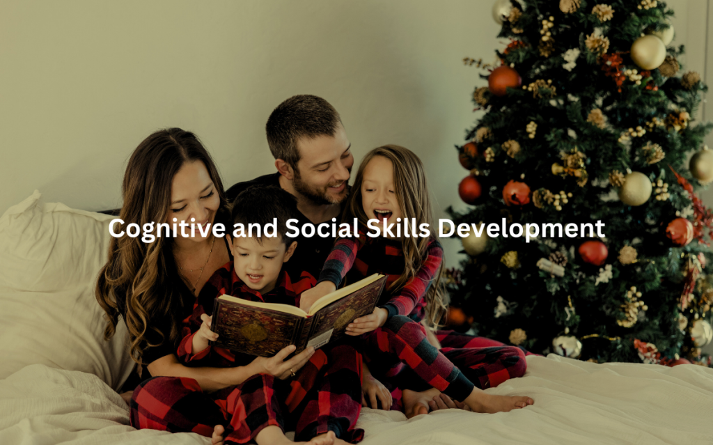 Parent and children engaged in reading and bonding during the festive season.