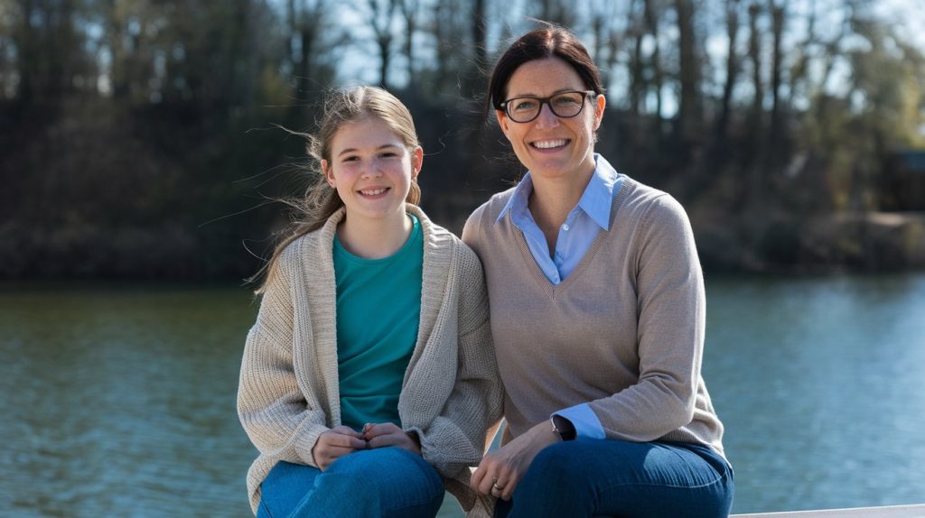 A smiling woman and a young girl enjoying an outdoor moment together.

